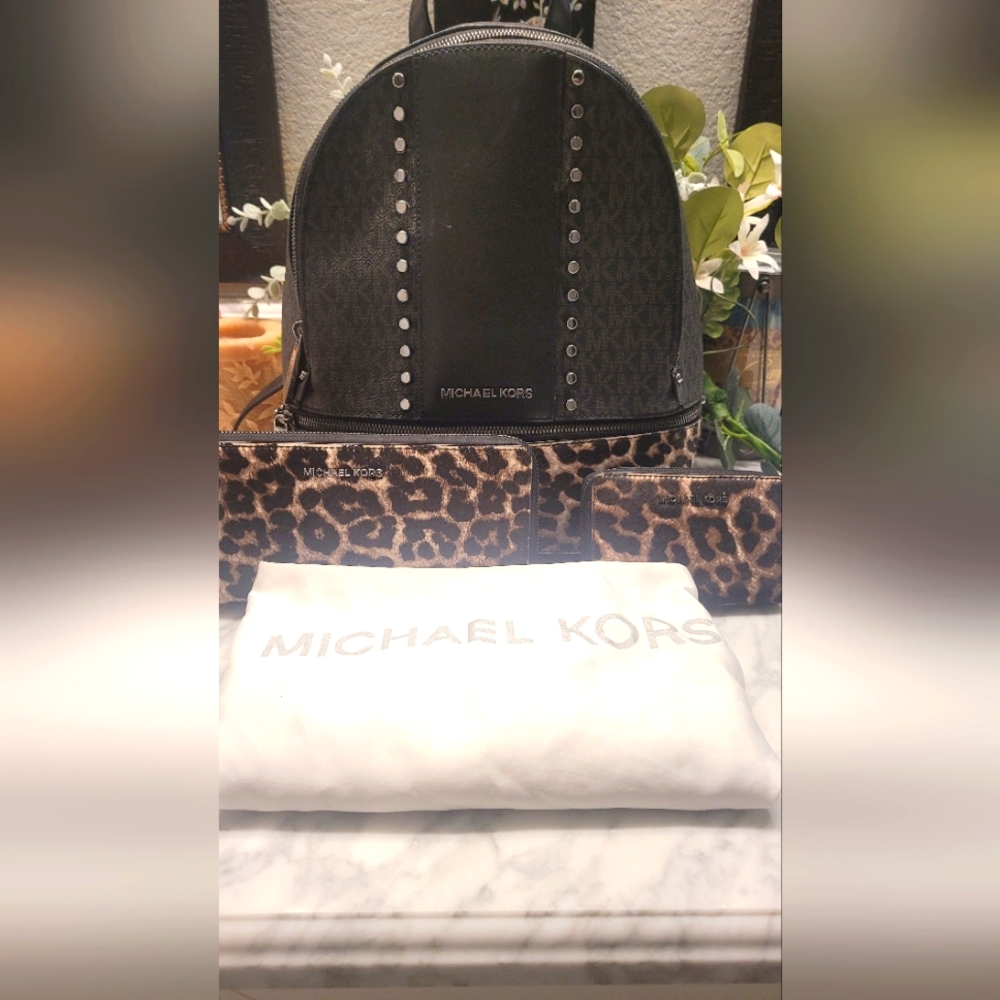NWT 3 Pc Rhea Medium Studded Logo and Calf Hair Backpack With Wallets